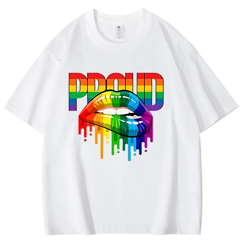 Rainbow Colored Lips Print Short Sleeve Cotton T Shirts Men Women PROUD Male T-shirts Comfy Soft Shirts Loose Top Size XXS-4XL