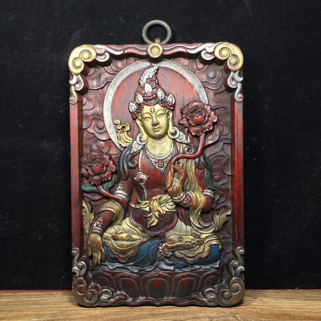 

8"Tibetan Temple Collection Old Rosewood Mounting Painted White Tara Sitting Buddha Amitabha Thangka Wall hanging Worship Hall