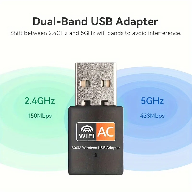 1USB 600 Мбит/с высокоскоростной беспроводной сетевой сетевой адаптер Wi-Fi Dongle для настольного ноутбука, совместимый с Windows 8/8.1/10/11