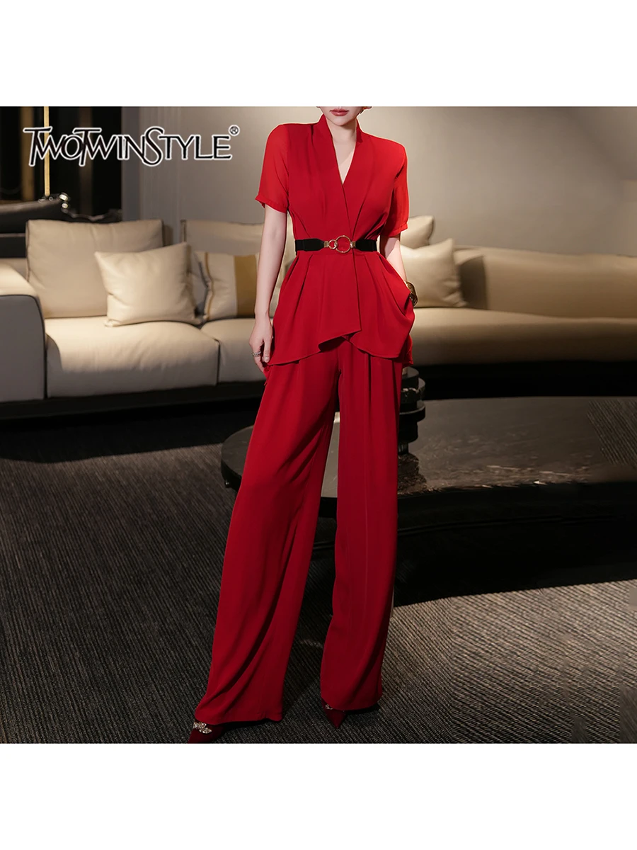 

TWOTWINSTYLE Solid Loose Two Piece Set For Women V Neck Short Sleeve Spliced Belt Coat High Waist Pant Sets Female Fashion Style