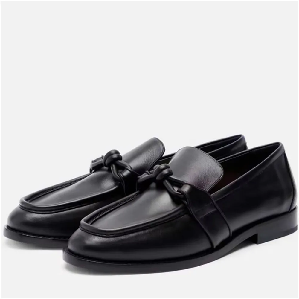 

Женские туфли-лоферы из натуральной кожи с круглым носком на низком каблуке, с узлом, удобная повседневная деловая обувь, коллекция 2026 года