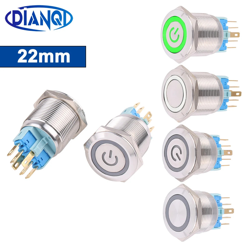 22mm Metal Waterproof Stainless Steel Ring Lamp Push Button Switch 1NO1NC Momentary Reset Press Button Latching Switches 12V220v