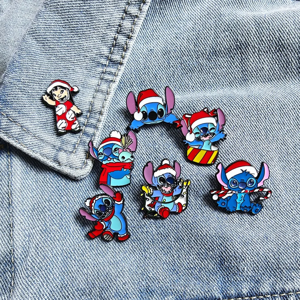 Christmas Cartoon Blue Alien Creature Metal Enamel Pin - Adorable Galactic Pet & Hawaii Girl Collectible Badge Set for Holiday P