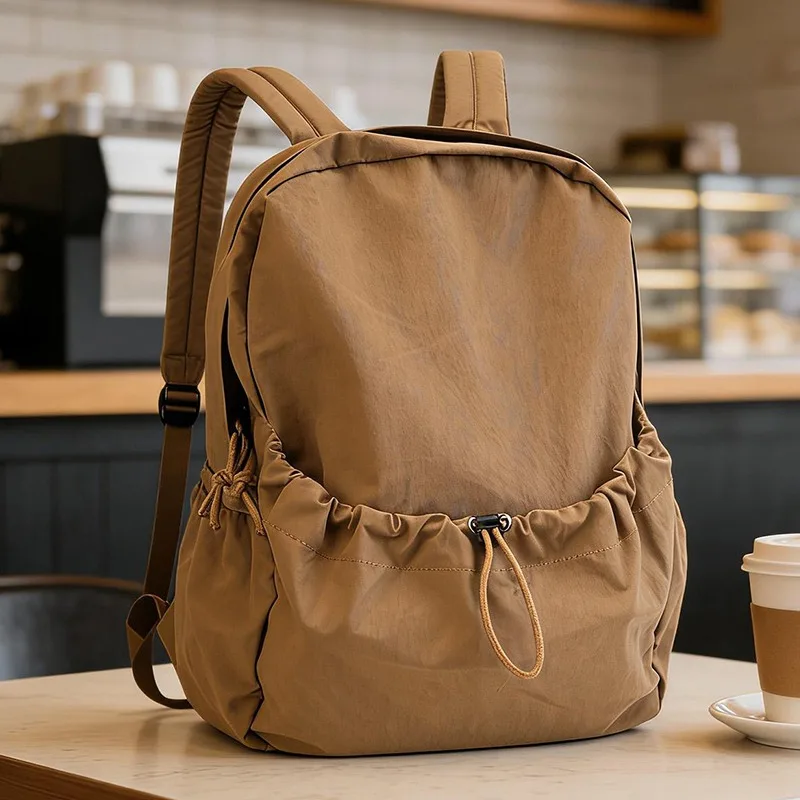 Japanese Retro Pleated Backpack Drawstring Bag Lightweight Fabric School Backpack for Women Girls Multi Pocket Casual for Travel