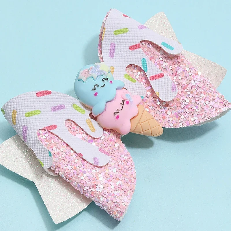 ncmama New Ice Cream Hair Bow Clips For Kids Lovely Glitter Bowknot Hair Pin Donuts Hairgrips Baby Headwear Hair Accessories