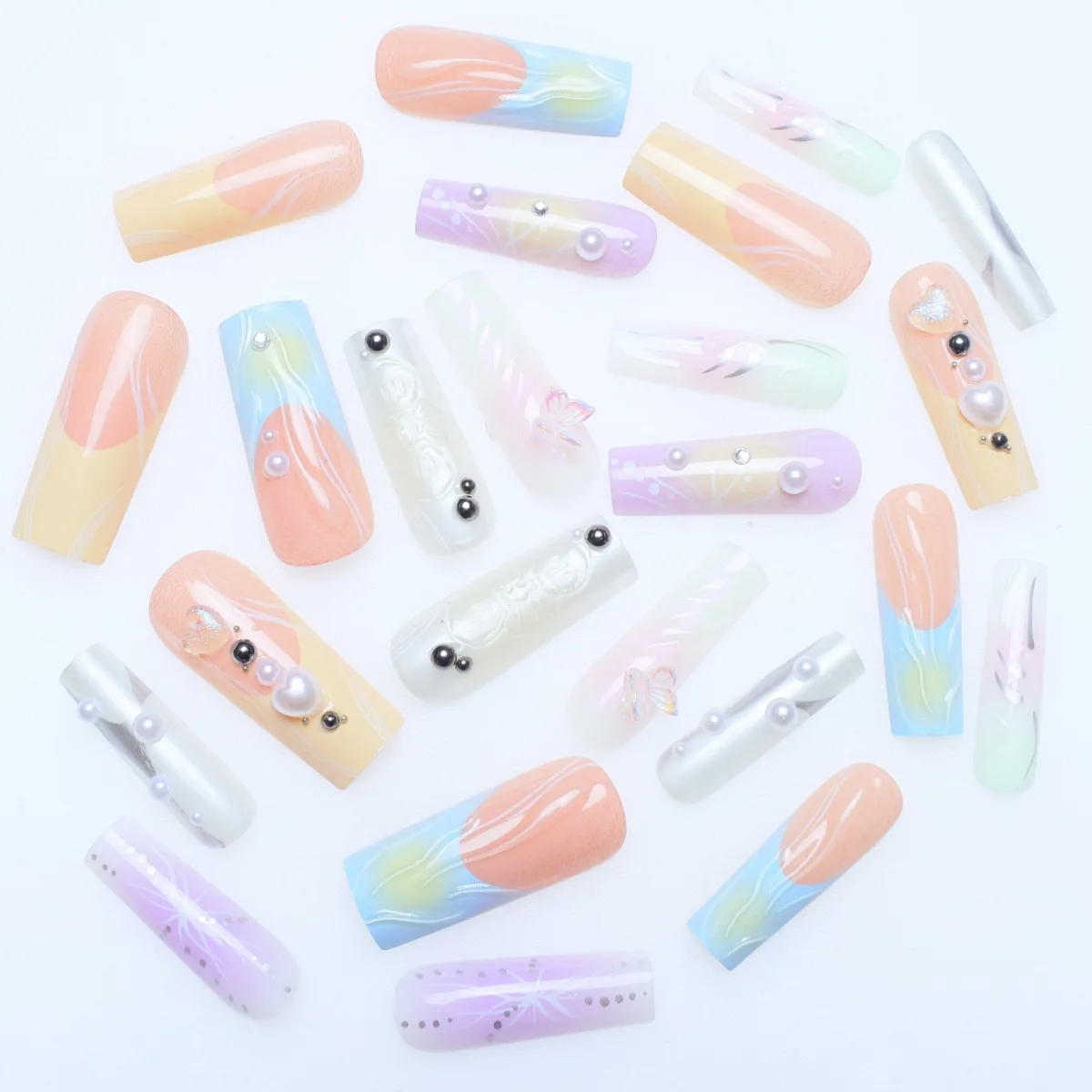 24Pcs Long Ballet False Nails Pink Butterfly with Peaches heart  French Design Wearable and detachable Fake Nails  Press on Nail