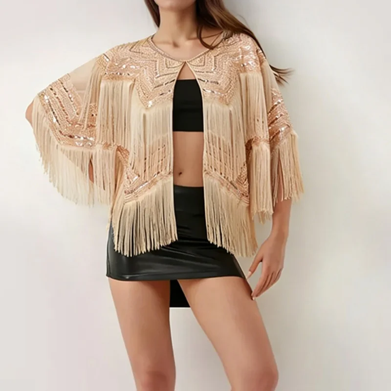Xale Feminino com Franjas e Lantejoulas, Poncho Cardigan com Frente Dividida, Jaqueta Assimétrica com Franjas Y2K