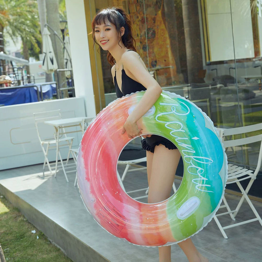 

Rainbow Swimming Ring For Adults Inflatable Pool Float Beach Lake Swim Aid Ring Durable Lightweight Fast Inflate Deflate
