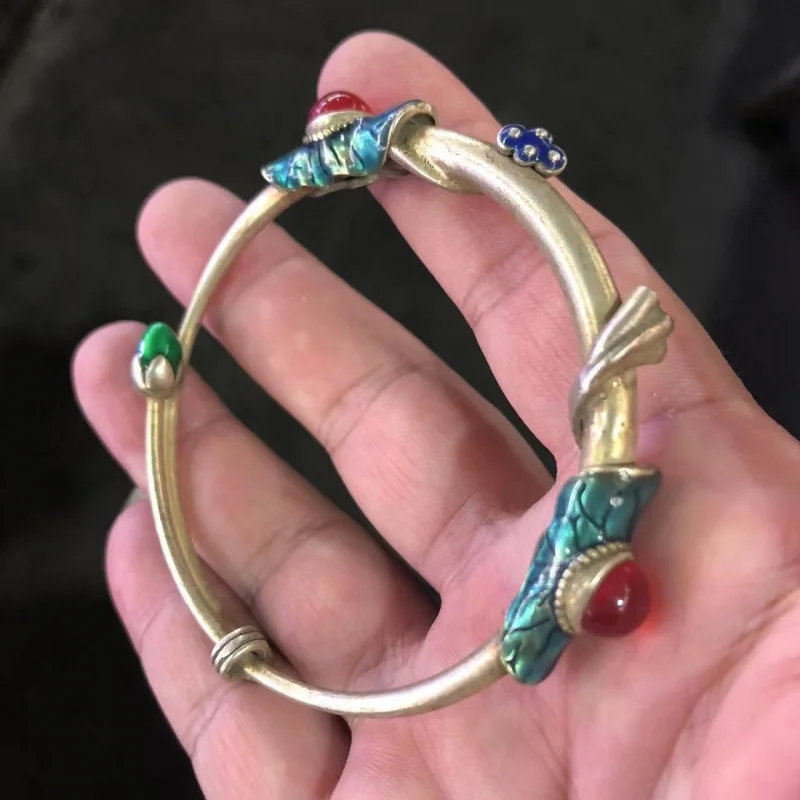 New Retro Cloisonné Ethnic Style Carp Push-Pull Tibetan Silver Inlaid Gemstone Bracelet Jewelry