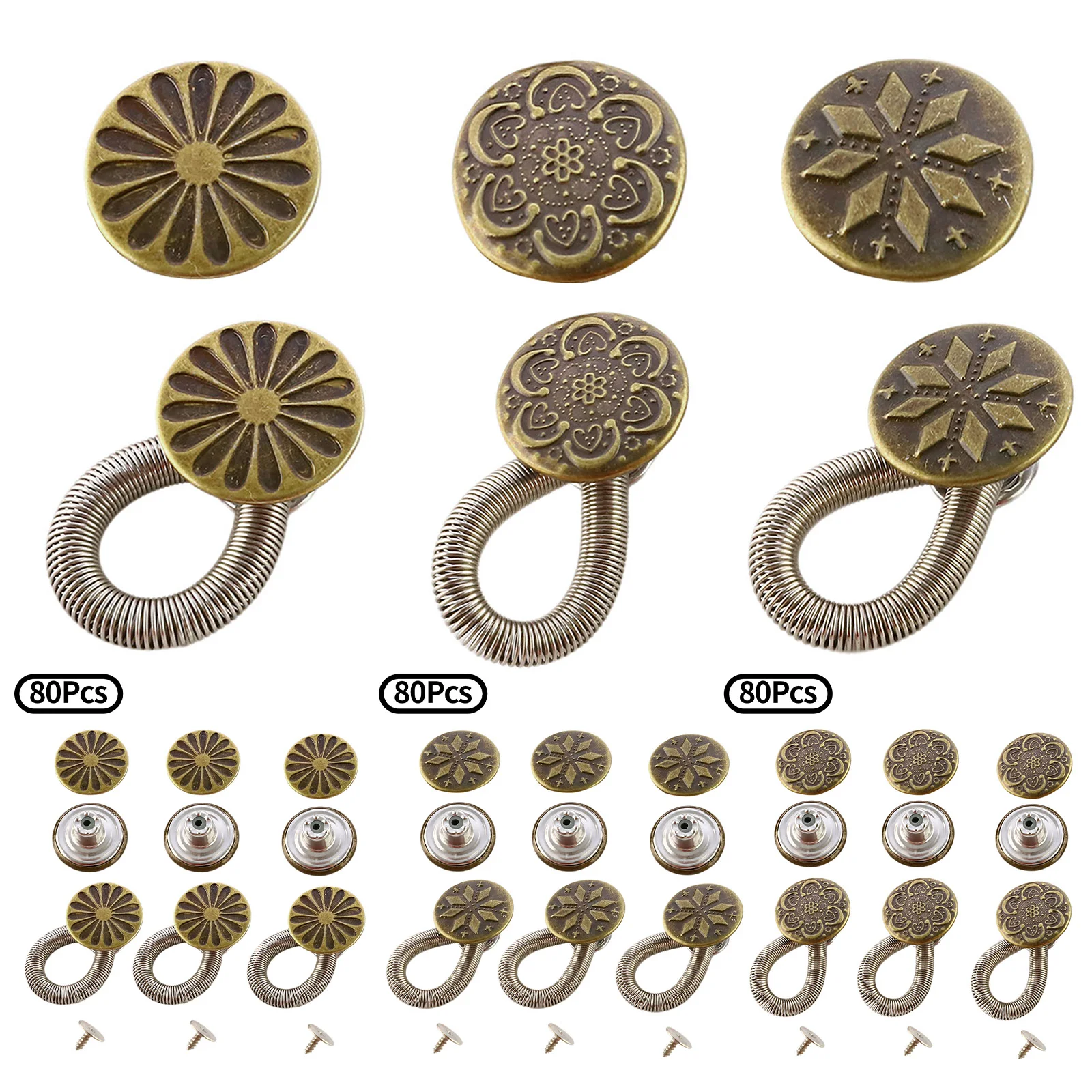 80Pcs Pants Jeans Buttons Waist Tightener Alloy No Sew Screw Buttons And Spring Buttons Waistline Adjuster for Mens Womens