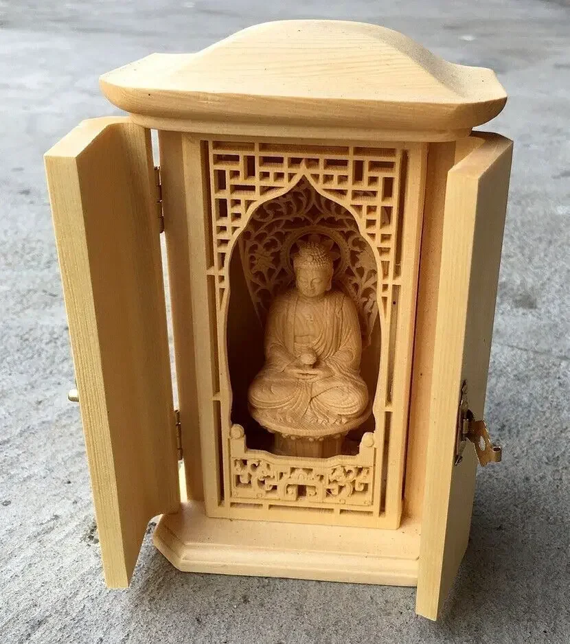 Cypress Wood Carved Sakyamuni Buddha Statue Buddhist Altar Butsudan Shrine Zen