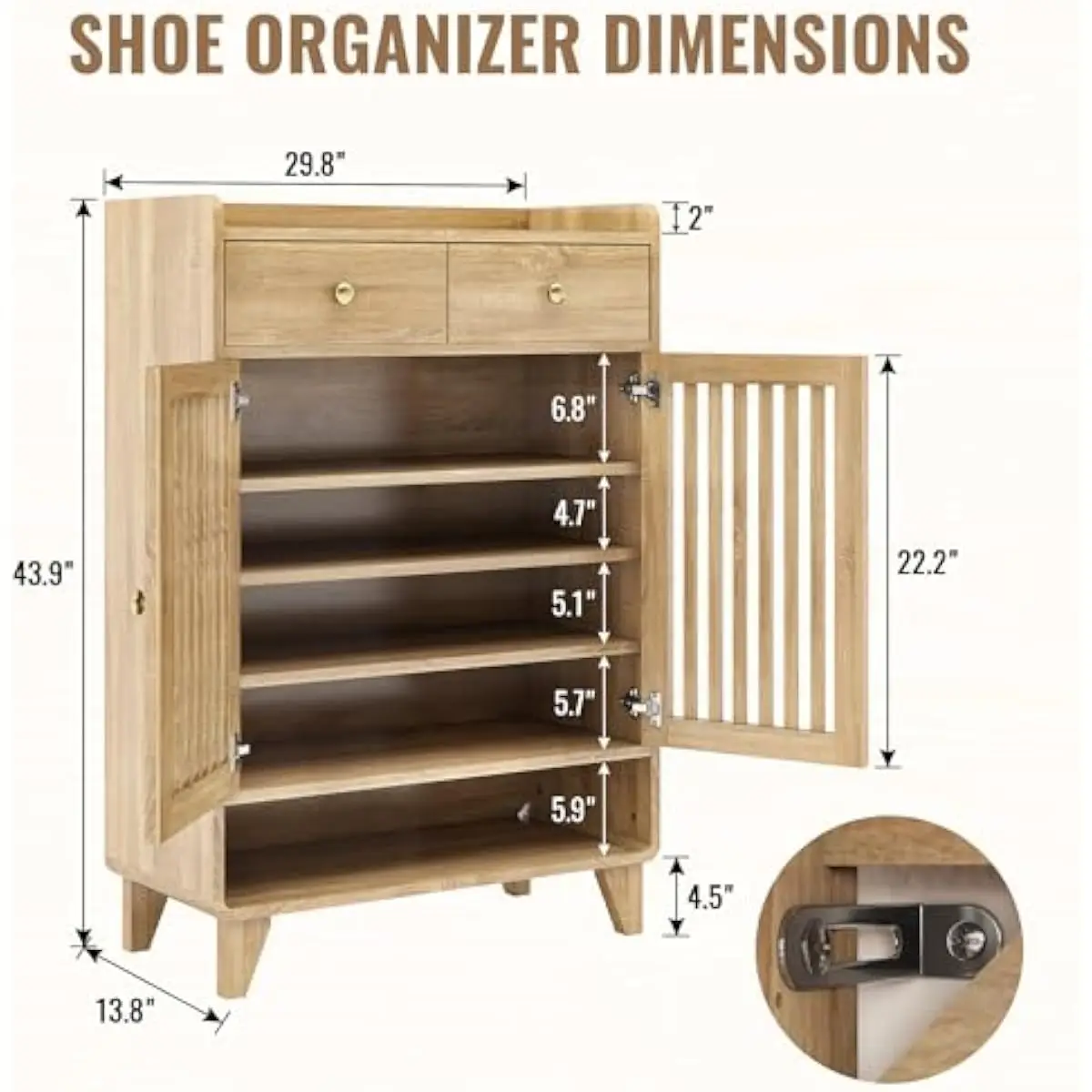 Farmhouse-style tall shoe cabinet with louvered double doors, 3 adjustable removable shelves, 5 storage zones, 2 concealed drawe
