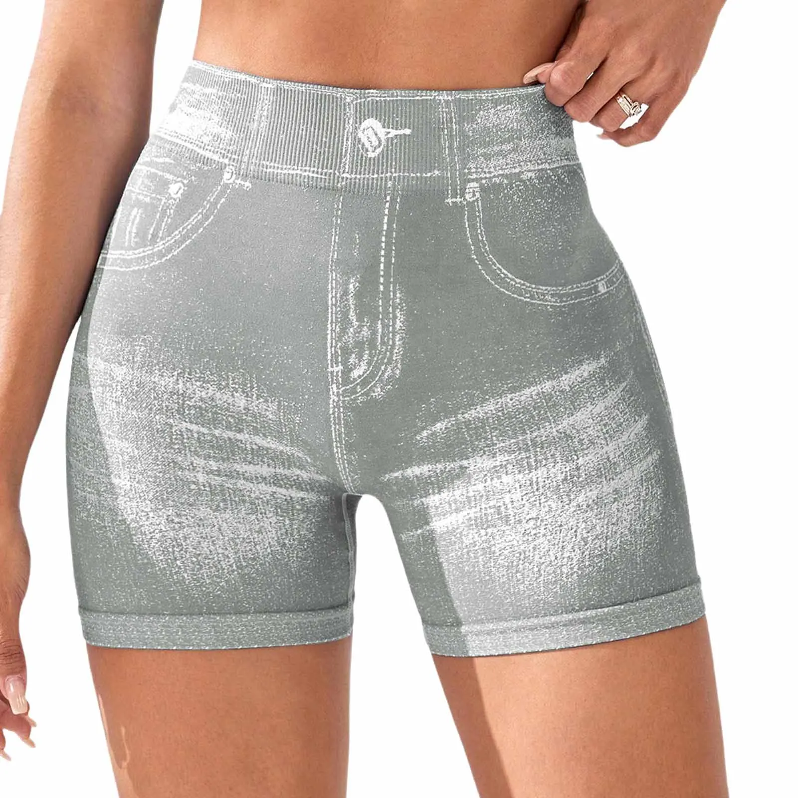 Women Denim Printed Seamless Yoga Shorts Elastic Waistband Ruched Back Sportswear for Running Cycling Gym Athletic Shorts