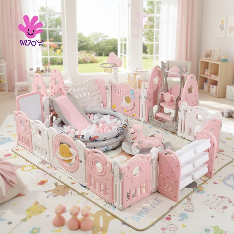 Modular Indoor Play Yard Picket Fence White Pink Plastic Post Panels