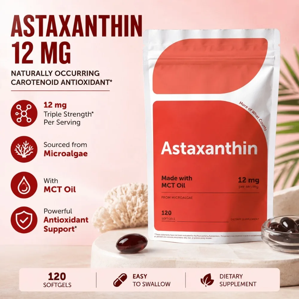 Astaxanthin 12mg Softgels Triple Strength Eye Health Skin Health Microalgae MCT Oil Soy Free Dairy Free Gluten Free 120 Softgels