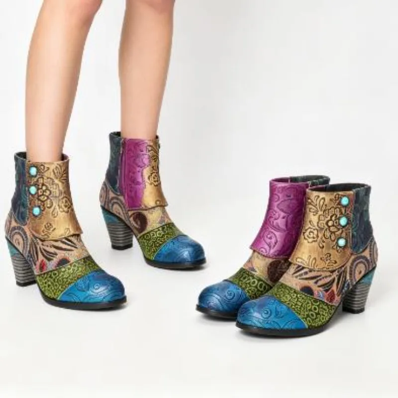 Botas de cuero vintage para mujer, botines bohemios retro con estampado y hebilla, botines de tobillo con cremallera suave para mujer, botines femeninos