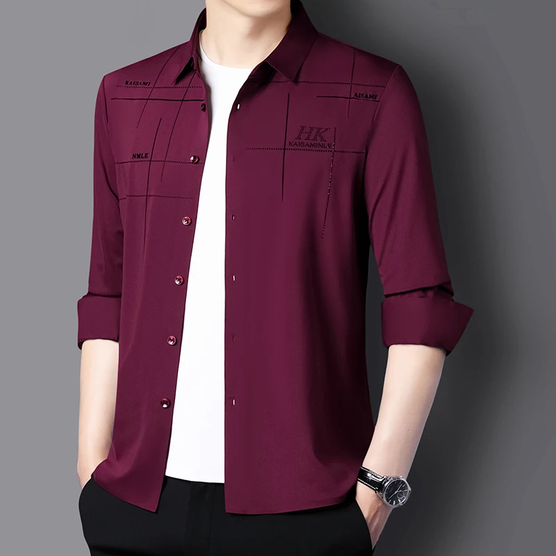 High Elastic Quality Men\'s Long Sleeved Shirt New Spring Autumn Styles Slim Fit Shirts Business Casual No-iron Anti-wrinkle Tops