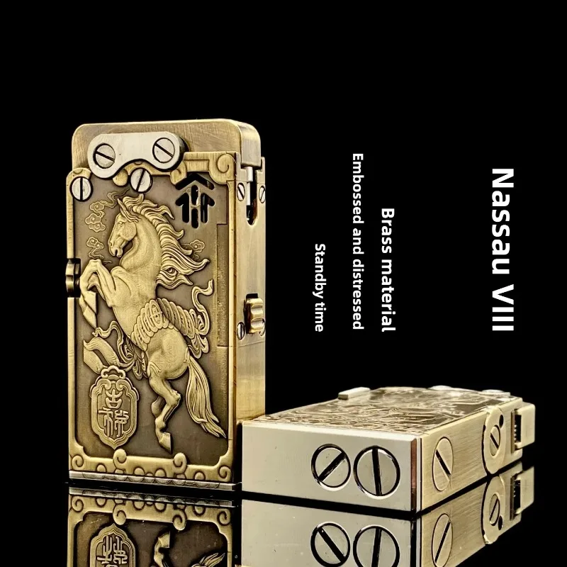 LONGSHE 8th Generation Embossed 12 Zodiac Pattern Lighter, Press Ejection Ignition Brass Oil Machine, Cool Gift for Men