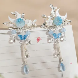 Vintage Hair Clip Moon Shaped Fringe Hairpin Chinese Hanfu Hair Accessories Blue Flower Barrettes Ancient Wedding Hair Jewelry