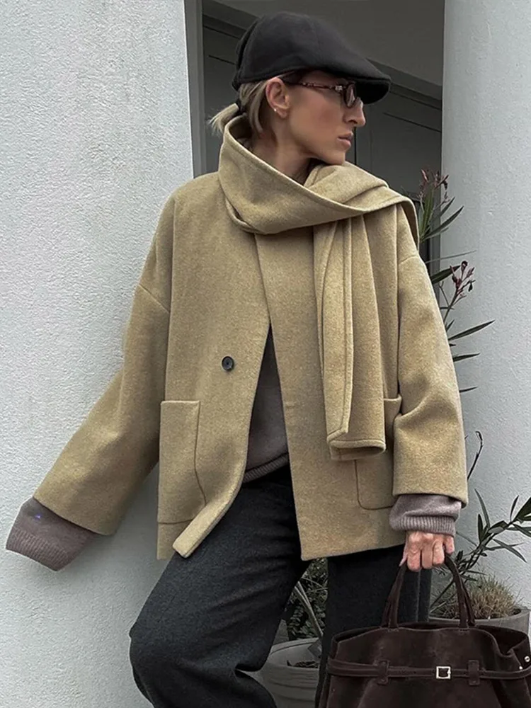 Women's Scarf Collar Coats Elegant Light Green Long Sleeve Pocket Button Female Short Jacket 2025 Spring New Street Outerwears