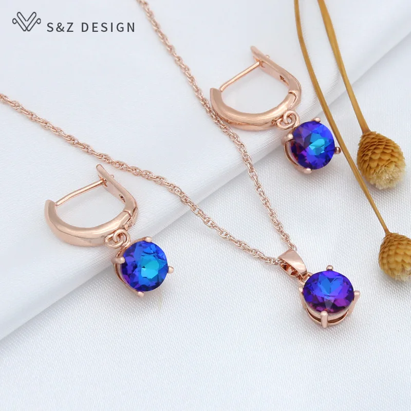 S&Z DESIGN New Fashion 585 Rose Gold Color Round Crystal Dangle Earrings Jewelry Sets For Women Wedding Pendant Necklace