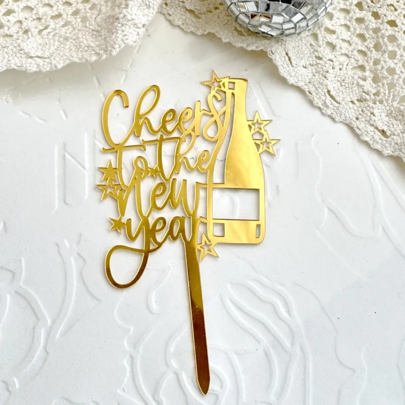 2024 Happy New Year Party Cake Toppers Gold Acrylic Merrry Christmas Cake Topper for Family New Year's Eve Dessert Decoration