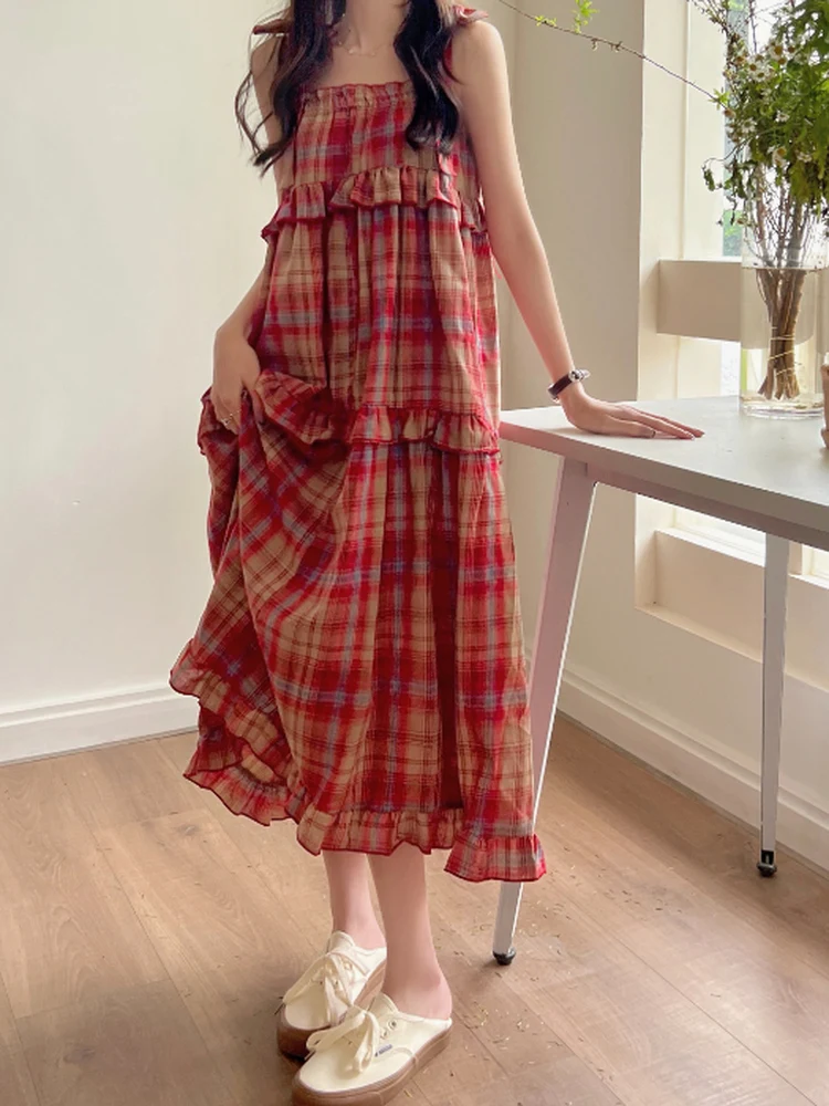 

plus Size Women's Summer Plaid Dr Korean Sle Loose Fit Cake Dr High Waist Strap Long Dr Sweet Home Clothes
