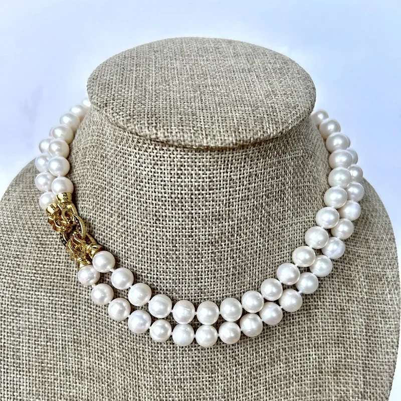 

Fashion Necklace for Women Double Strands 40cm 9-10mm Round Sea Pearl Necklace Wedding Party Jewelry Gifts 925 Sterling Silver