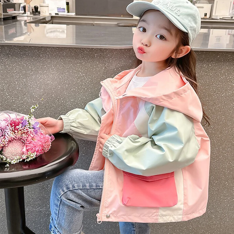 

Spring Girls Fashion Hooded Jackets Autumn Children Clothes New Casual Zipper Outerwear 1-8 Year Old Colorblocking Trench Coats