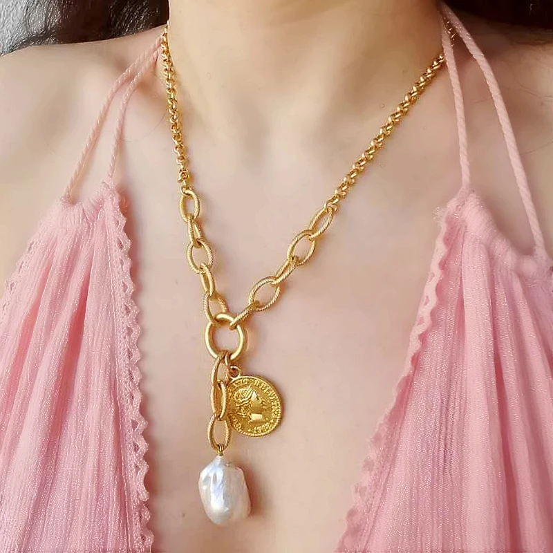 

Brass With 18K Real Baroque Pearl Coins Necklace Designer T Show Runway Gown Rare Japan Korean Boho Sweety Trendy Hip Hop Top