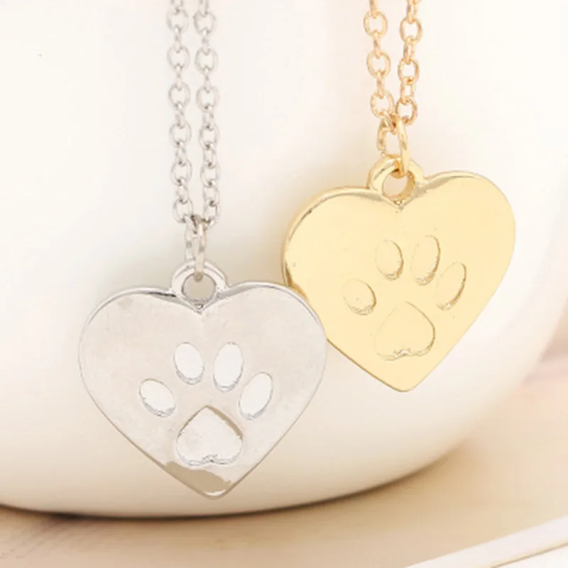 Heart Paw Footprint Necklaces Cute Animal Dog Cat Love Heart Pendant Necklace For Women Girls Jewelry Necklace