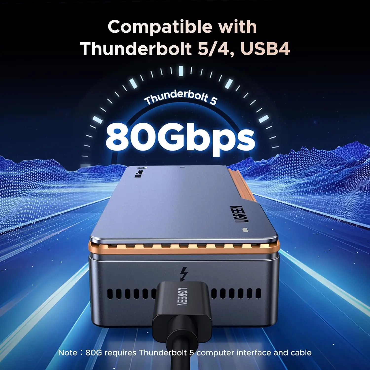 UGREEN 80Gbps M.2 NVMe SSD Enclosure Compatible Thunderbolt 5/4/USB4 V2.0 NVMe Enclosure with Cooling Fan Aluminum TB5 SSD Box view 3