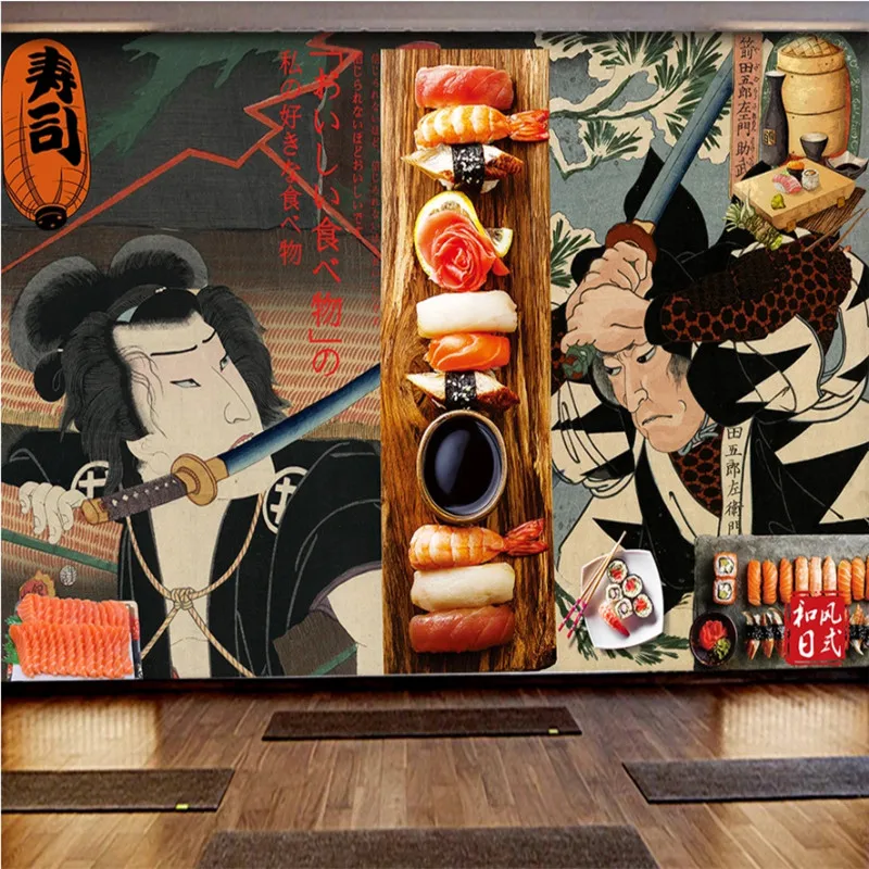 Japanese Style Ukiyo-e Samurai Sushi Cuisine Background Wall Paper 3D Retro Sushi Restaurant Industrial Decor Mural Wallpaper 3D