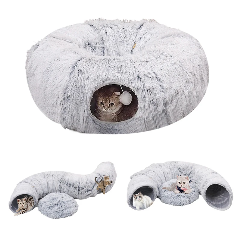 

2-In-1 Foldable Warm Plush Cat Bed Donut Shaped Indoor Playing Sleeping Integrated Expand Cat Tunnel Playful Kittens Accessories