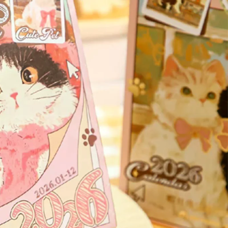 

Премиум-календарь на 2026 год: Ежедневник на 365 дней с золотым кольцевым переплетом и наклейками с изображениями животных (кошек и собак)