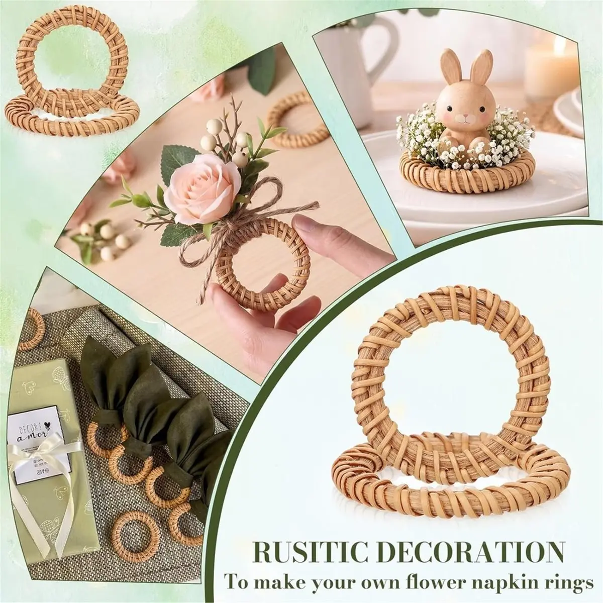 50Pcs Boho Woven Rattan Napkin Rings Bulk Rustic Style Round Dining Table Napkin Holders for Banquet Home Wedding