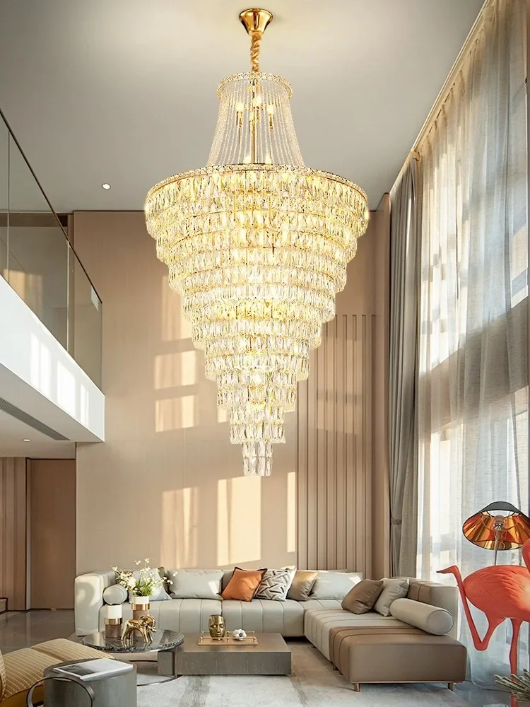 

Large Long Crystal Chandelier - Golden Stainless Steel Light for Hotel Lobby, Living Room & Multi-Story Staircase, Luxurious Cei