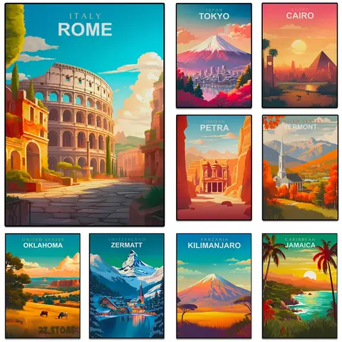 World Travel Cities Posters Prints Rome Japan Paris Travel Landmark Landscape Canvas Painting Wall Art Living Room Home Decor