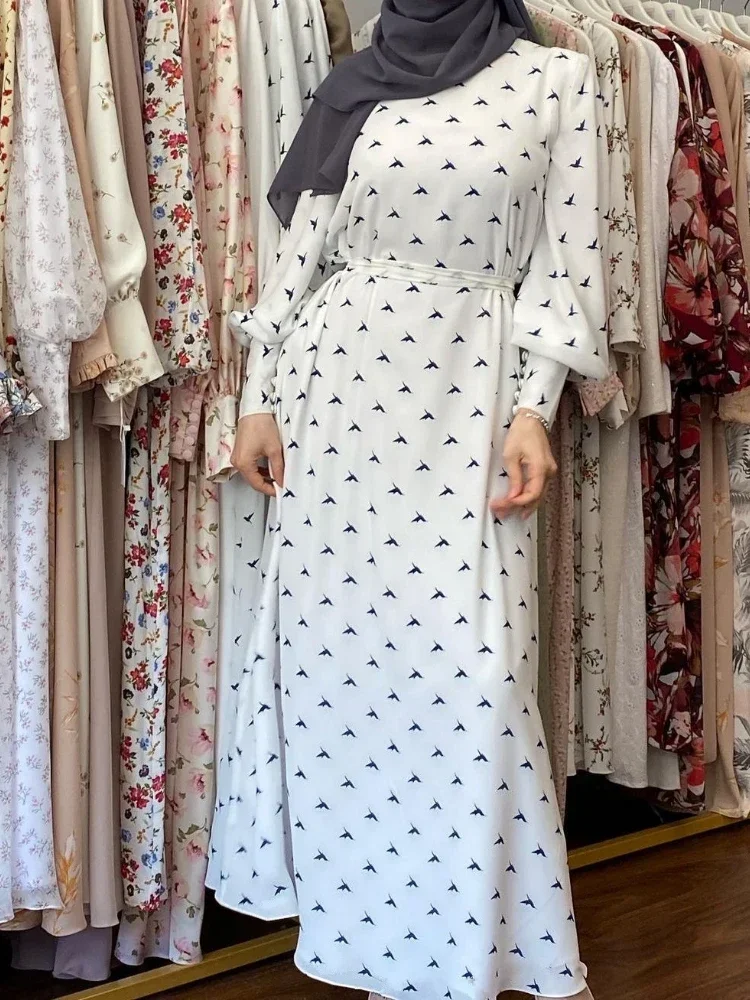 Arabic Hijab Muslim Dress Women Nida Abaya Dubai Bird Print White Summer Maxi Dresses Islamic Clothing Eid Kaftan Robe Musulmans