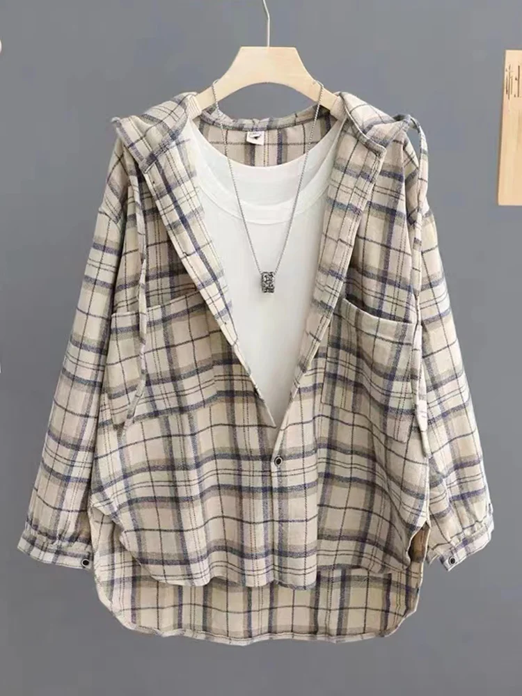 

Модная корейская клетчатая женская свободная повседневная толстовка с капюшоном Верхняя одежда Верхняя одежда Age-Defng Commute Sle Long Sve на пуговицах