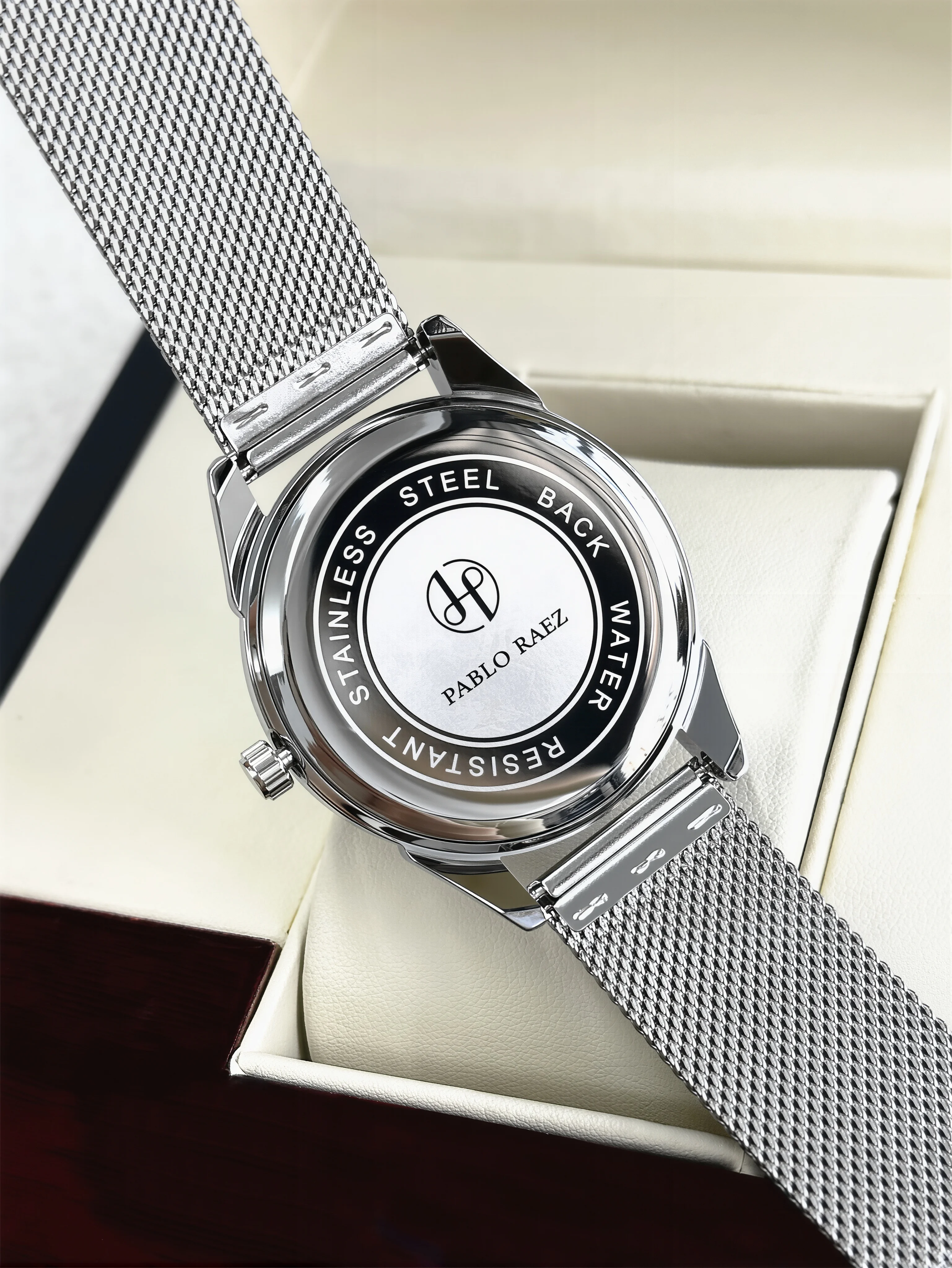 PABLO RAEZ Real Photography Fashion Men's Quartz Date Watch Men's Leisure Slim Mesh Steel Waterproof Sports Watch Family Gift