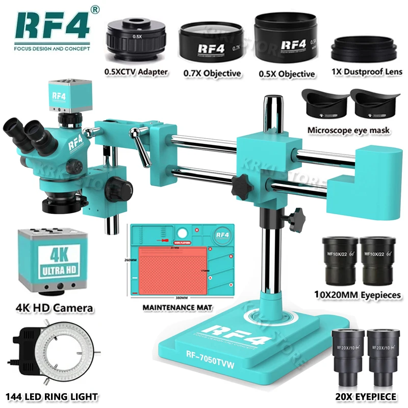 RF4 3.5X-100X Simul-Focus Double Boom Stand Trinocular Stereo Zoom Microscope 48MP 55MP 2K 4K HDMI VGA USB Camera For PCB Repair