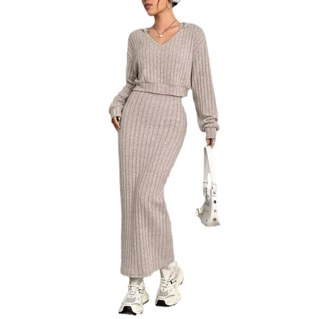 2024 Autumn/Winter New Style Casual Commuting Knitted Long Sleeve Set Hoodie Loose Dress Two Piece Set