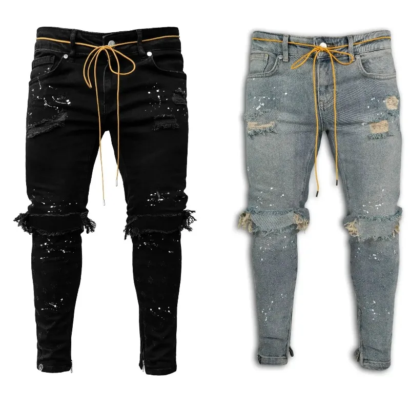 

Men Long Jeans Pants Denim Pencil Pant Hole Splice Simple Slim Fit Zipper Lace Up Tight Waist Straight Trousers Autumn