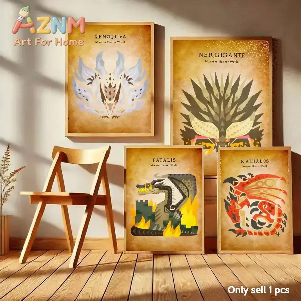 AZNM Monster Hunter World Vintage Monster Canvas Wall Art Retro Game Creature Art Print Unframed Canvas Poster for Game Room Bed