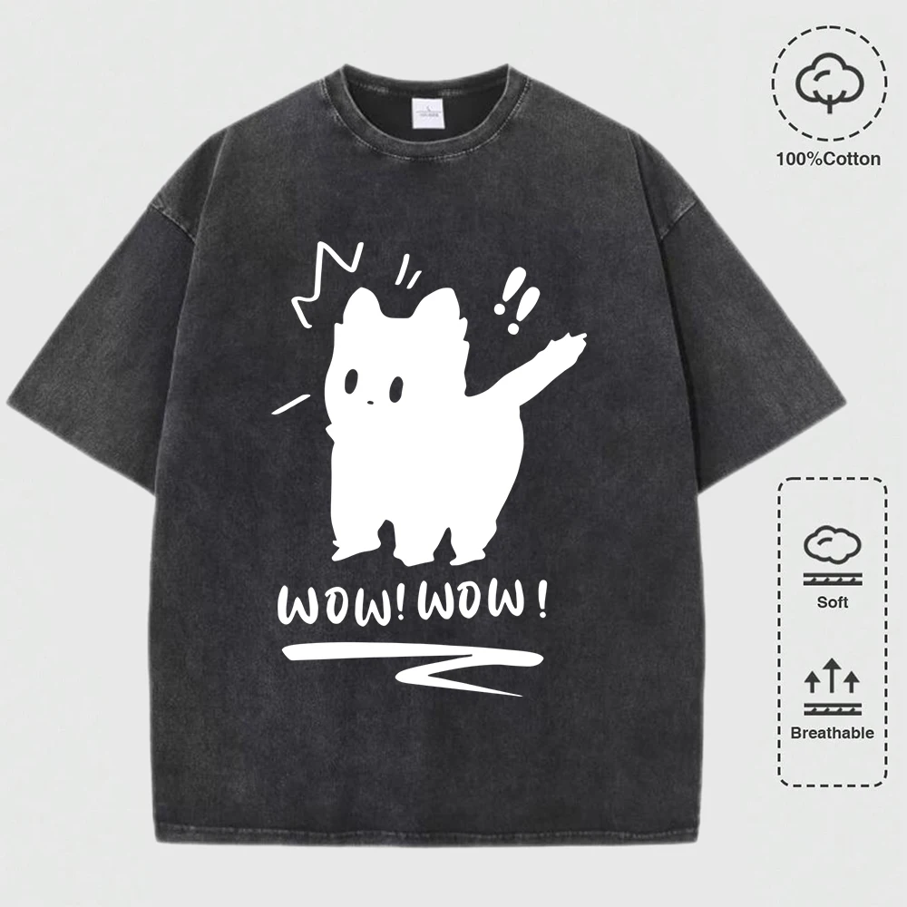 

Cute Scared Black Cat Design Washed T Shirt Men Summer Casual All-Match Tops Trendy O-Neck Short Sleeve Soft Cotton Loose Top