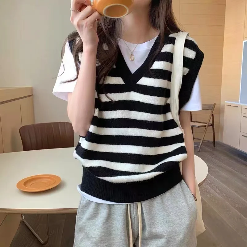 Stripes Cashmere Pullover Vest Women Simple Cashmere Sleeveless Slim Waistcoat Knitwears Top