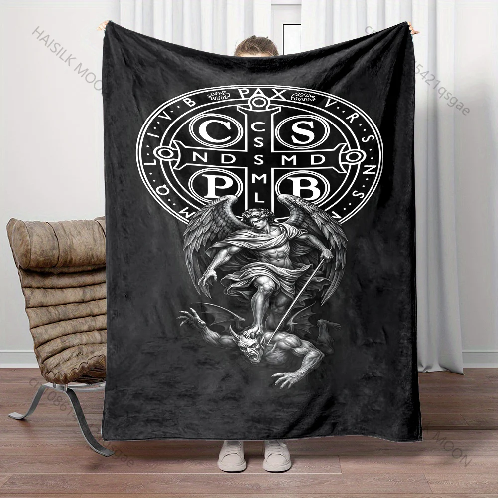 St. Benedict Cross and Angel Defeating Demon print blanket Prayer blankets for believers suitable for home sofa camping travel