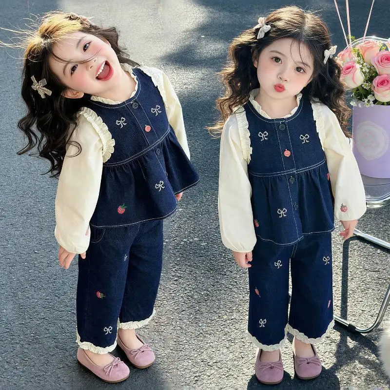 Girls' Spring and Autumn New Denim Vest Wide Leg Pants 3-Piece Set Girls Casual Long Sleeve Bottom Shirt Set Straight Leg Pants