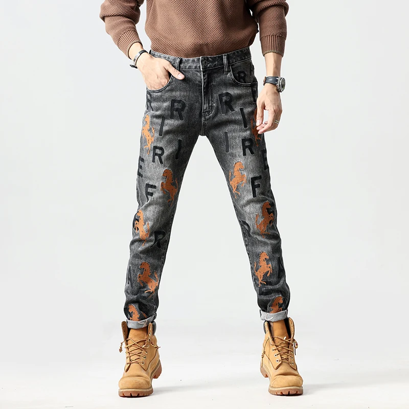 Street fashion jeans men's embroidery stretch ruffle handsome men's trousers Personalised patch Slim straight trousers